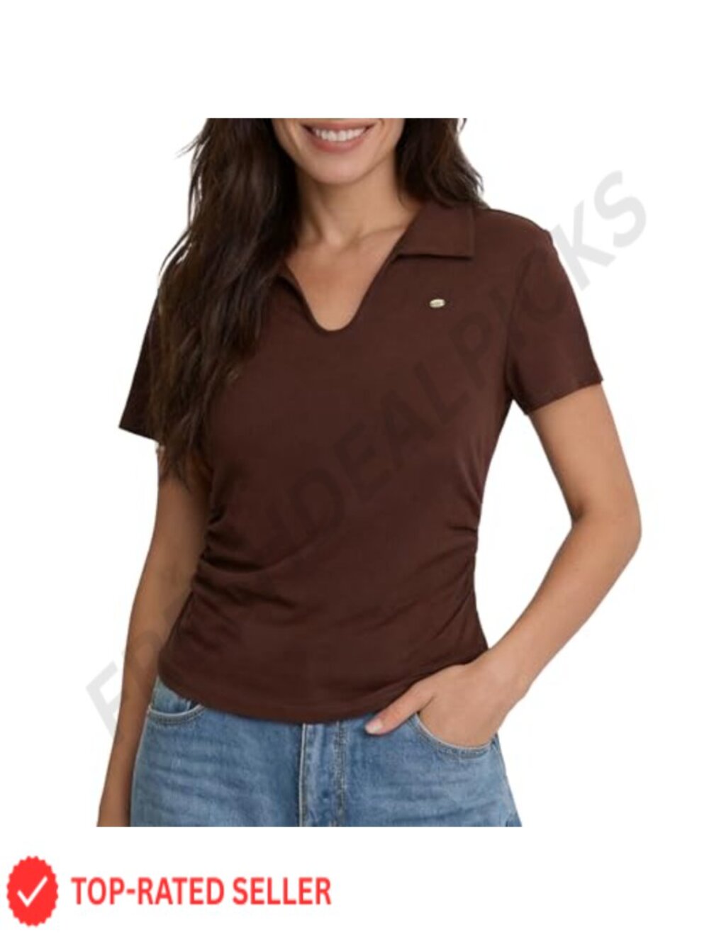 Women's V-Neck Short Sleeve Polo Shirt Cotton Spandex Fitted Work Top